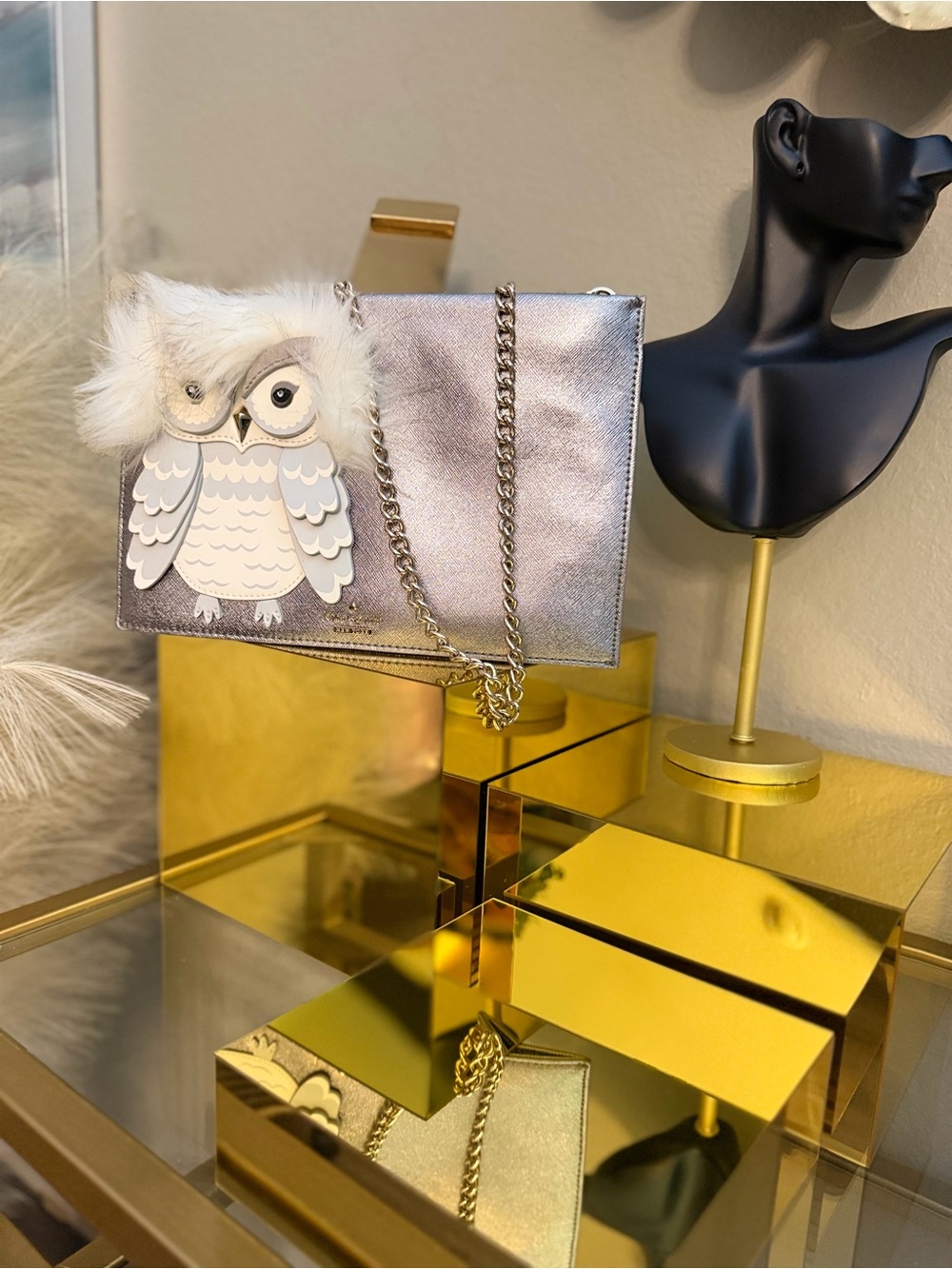 🌹 kate spade Metallic Silver Owl Appliqué Crossbody Bag with Fur